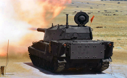 A black or dark-colored AGS fires its main gun at a range. The commander's hatch is open and there is no commander's armament present.