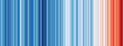 a series of thin vertical stripes in various shades of blue and red, showing more blues at the left end and more reds at the right end to represent global warming