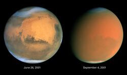 Two orange-hued disks. The one at left shows distinct darker regions along with cloudy areas near the top and bottom. In the right image, features are obscured by an orange haze. An white ice cap is visible at the bottom of both disks.