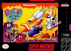 Box art for the video game Rocko's Modern Life: Spunky's Dangerous Bay, featuring the two characters Rocko and Spunky being chased by animals.