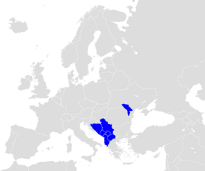 Map of Europe (grey) indicating the members of CEFTA (blue)