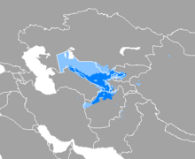 A map, showing that Uzbek is spoken throughout Uzbekistan, except the western third (where Karakalpak dominates) and Northern Afghanistan.