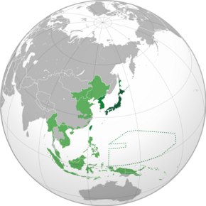 Areas de facto controlled by the Empire of Japan at peak in World War II (1942): *   Naichi[lower-alpha 3] *   Gaichi: De facto colonies (Korea, Taiwan, and Karafuto[lower-alpha 4])/Mandate/Leased territory *   Puppet states/Occupied territories