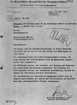 A typewritten letter from Oswald Pohl (signed at the bottom) to Heinrich Himmler, dated 23 July 1943. The letter, written in German, relates about the creation of KL Warschau and notes about the arrival of the first 300 prisoners.