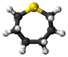 Ball-and-stick model of the thiepane molecule