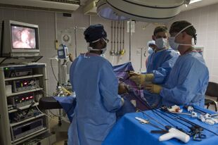 US Navy 081117-N-7526R-568 Cmdr. Thomas Nelson and Lt. Robert Roadfuss discuss proper procedures while performing a laparoscopic cholecystectomy surgery.jpg