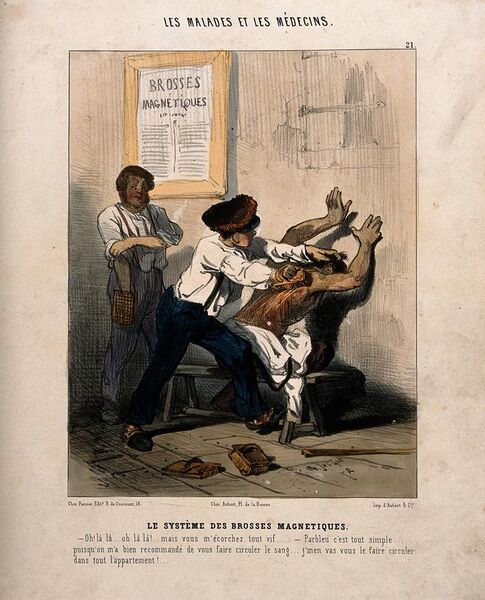 File:A man is violently rubbed with magnets. Coloured lithograph Wellcome V0011767.jpg