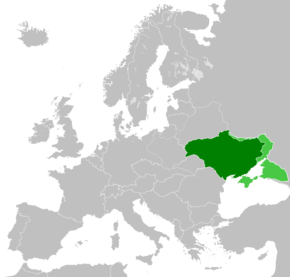 Territories controlled (dark green) and claimed (light green) by the Ukrainian State