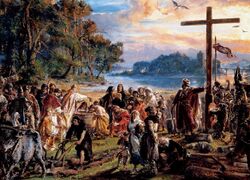 photo of a late nineteenth century painting by Jan Matejko depicting the introduction of Christianity to Poland through symbols such as a cross and a plow, baptism and reading
