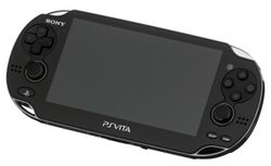 A picture of the PlayStation Vita console against a plain white background. The console has a large screen with various buttons on either side as well as two analogue sticks.