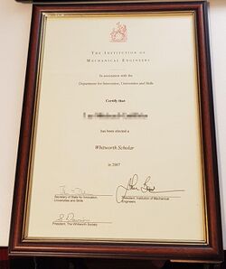 Whitworth Scholar Certificate