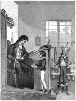 1828 engraving showing a boy standing on a stool wearing a dunce cap with the ears of an ass.