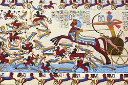 Modern loose interpretation at the The Pharaonic Village in Cairo of a Battle scene from the Great Kadesh reliefs of Ramses II on the Walls of the Ramesseum.jpg