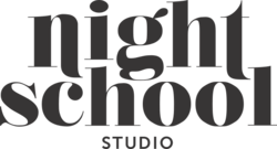 In an old serif fashion, the words "Night School" appear properly, while at the bottom, "Studio" is capitalized in a modern sans serif font.