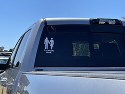 A white sticker showing a male figure and a female figure holding hands with the words "straight pride" above the figures. The sticker is on the glass window of a pick-up truck.