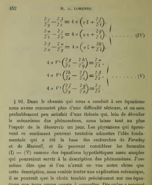 File:H. A. Lorentz - rot B, rot E - La théorie electromagnétique de Maxwell et son application aux corps mouvants, Archives néerlandaises, 1892 - p 452 - Eq. IV & V.png