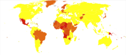 Upper respiratory infections world map-Deaths per million persons-WHO2012.svg