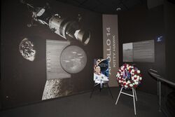 Edgar Mitchell's memorial wreath in the Apollo 14 exhibit.jpg