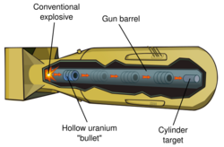 Diagram of bomb showing the gun barrel, hollow uranium "bullet" and cylindrical "target"