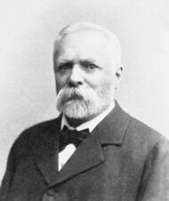 Shoulder high portrait of white haired man with a mustache and beard wearing a suit and bow tie