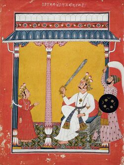 Hiranyakasipu About to Decapitate Prahlada, Folio from a Bhagavata Purana (Ancient Stories of the Lord) LACMA M.88.227.jpg