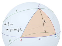 Area of a spherical triangle via Lexell circles.png