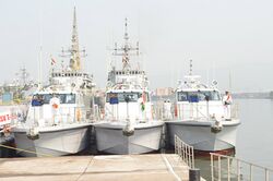 Hoisting of colours for the first time with Rashtriya Salute and singing of National Anthem to mark the commissioning ceremony of Immediate Support Vessels T-38, T-39 & T-40.jpg