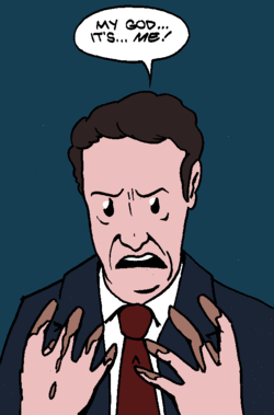 A cartoon caricature of Rick Santorum looking at his hands— which are contaminated with a brown substance —in horror, while saying “My god… it’s… me!”