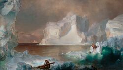 Painting of icebergs, with one white iceberg dominating the centre of the work and dark blue and black icebergs framing the piece. The work is painted in a suggestive style rather than with precise detail.