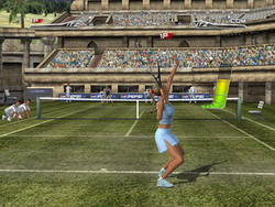 A screenshot of a player serving the ball in Top Spin.