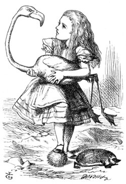 Illustration of Alice holding a Flamingo, standing with one foot on a curled-up hedgehog with another hedgehog walking away