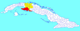 Ciénaga de Zapata municipality (red) within Matanzas Province (yellow) and Cuba