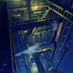 An internal industrial environment, with metal walls, girders and a pipework dominating the scene—a track is visible far below, and steam escapes rhythmically from two points within the area.