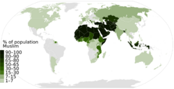 Islam percent population in each nation World Map Muslim data by Pew Research.svg