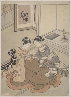 Mma two young women seated by a kotatsu playing cats cradle 55802.jpg