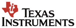 The Texas Instruments logo has two components: The written company name and a graphical logo at the top left. The company name Texas Instruments is written across two lines in small caps. The black lettering is centered along the vertical axis. Above the letters Ins of Instruments is a graphical component: The graphic features an approximate outline of the state of Texas using a conformal map projection aligned north. The area is filled with red color. At the top of this area, however, there is an indentation of the shape of the lower-case letter T. Within the blank area of this letter T another red-colored letter, the lower-case letter I, is embedded.