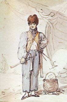 Drawing of man carrying axe, with the prow of a ship visible in background