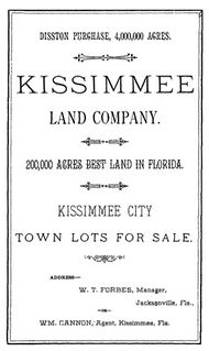 A black and white image of a land sale notice announcing 4 million acres (16,000 km2) purchased by Hamilton Disston; 20,000 acres (81 km2) are up for sale, specifically featuring town lots for sale