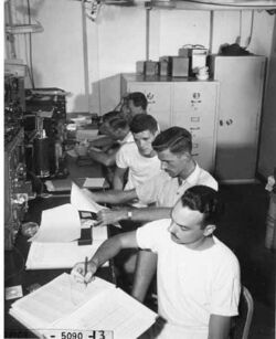 Radiochemists in the counter room on the USS CHILTON making Alpha and Beta counts on samples from Bikini Atoll, 1947 (DONALDSON 140).jpeg