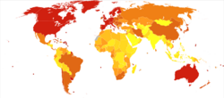 Alzheimer's disease and other dementias world map-Deaths per million persons-WHO2012.svg