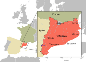 Territory of the Principality of Catalonia until 1659. Location superimposed to current borders