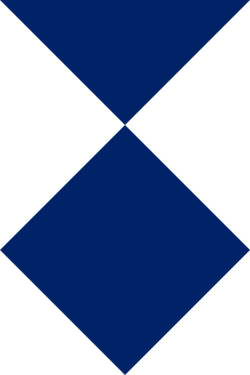 the Blue Shield is a “shield, pointed below, persaltire blue and white (a shield consisting of a royal-blue square, one of the angles of which forms the point of the shield, and of a royal-blue triangle above the square, the space on either side being taken up by a white triangle).