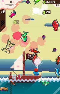 Billy with his red hat is looking away from the player, and fish are scattered about the screen over a yellow background, with little red clouds where fish were shot—the fish include crabs, octopuses, little fish, and sea creatures that look like red prickly pears