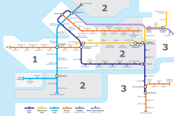 Map of Vancouver's transit lines in 2016, showing Canada Line in sky blue