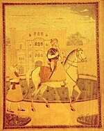 Equestrian painting of Jassa Singh Ahluwalia on horseback in-front of his haveli with a fly-whisk attendant, circa late 18th century.jpg