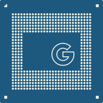 Illustration of a blue system-on-chip adorned with the Google favicon
