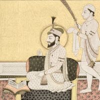 Painting of Guru Arjan being fanned with a book before him.jpg