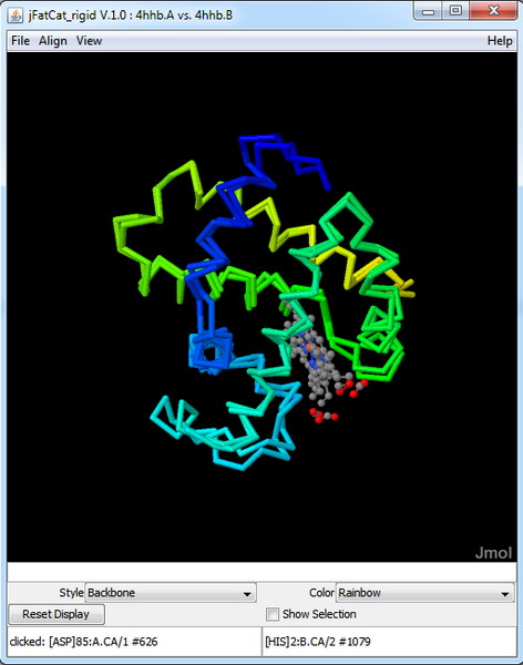 File:This window shows two proteins with IDs "4hhb.A" and "4hhb.B" aligned against each other.png