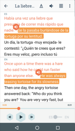a screenshot of beelinguapp showing a text in both English and Spanish