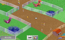 A screenshot of the main screen of the DinoPark Tycoon game under MS-DOS.